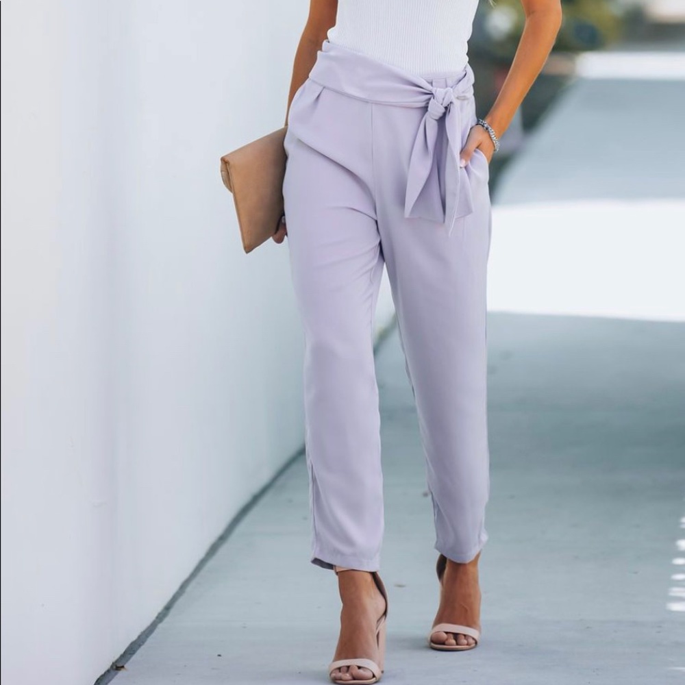Stylize Pocketed Side Tie Trousers-Light Lavender